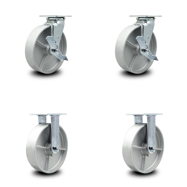 8 Inch Semi Steel Caster Set with Ball Bearings 2 Brakes 2 Rigid